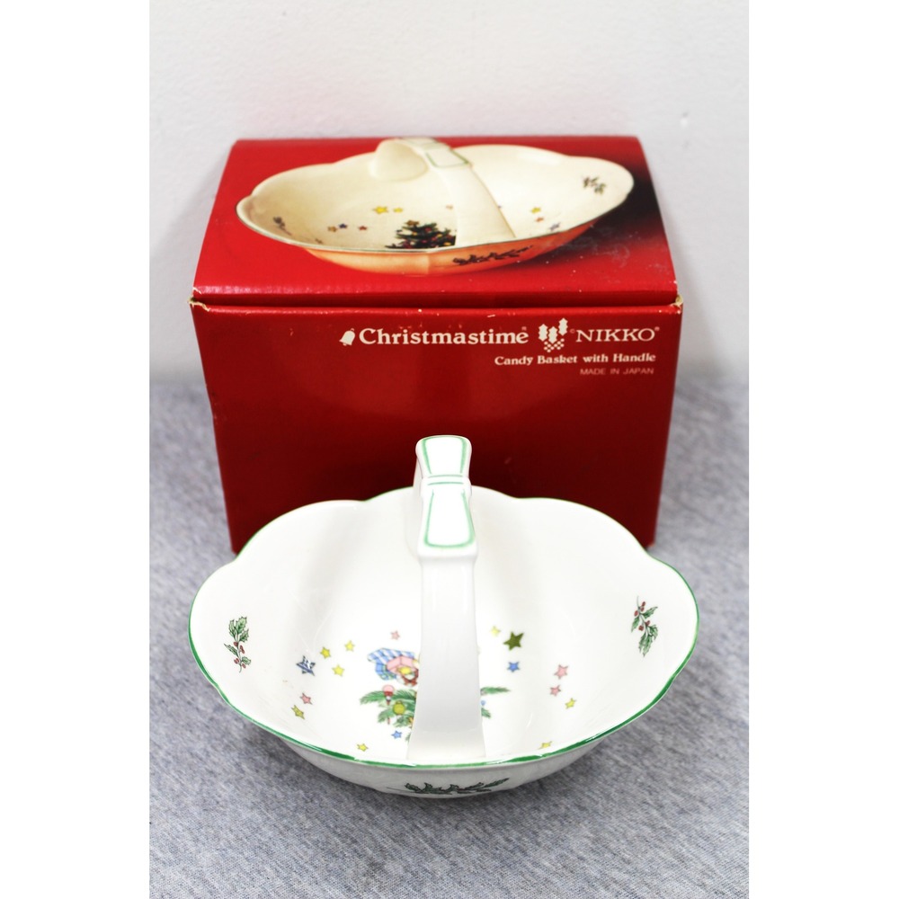 Nikko Candy Basket White Christmastime Holiday Ceramic Dish Handle
